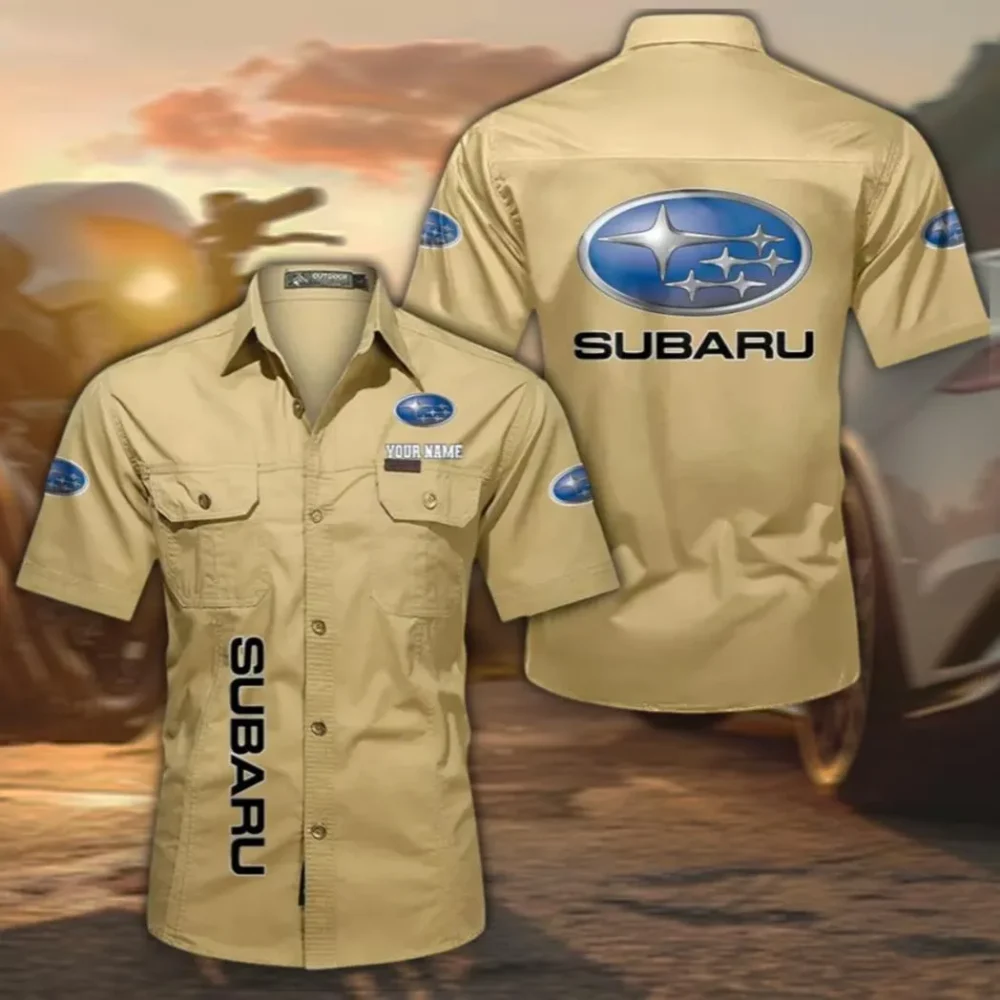 All-Wheel Drive Car Men's Short Sleeve Cotton Button Shirt, Custom Name CAR392 - Khaki