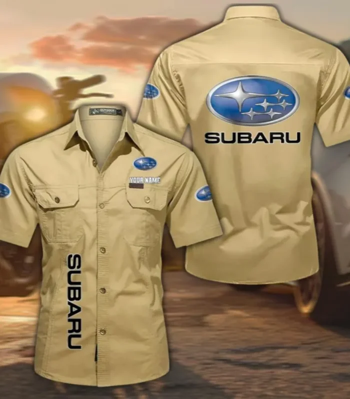 All-Wheel Drive Car Men's Short Sleeve Cotton Button Shirt, Custom Name CAR392 - Khaki