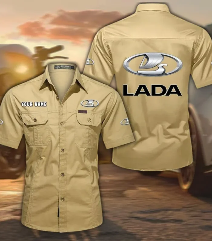 Economy Car Exclusive Logo Short Sleeved Shirt, Gift For Economy Car Enthusiasts CAR444 - Khaki